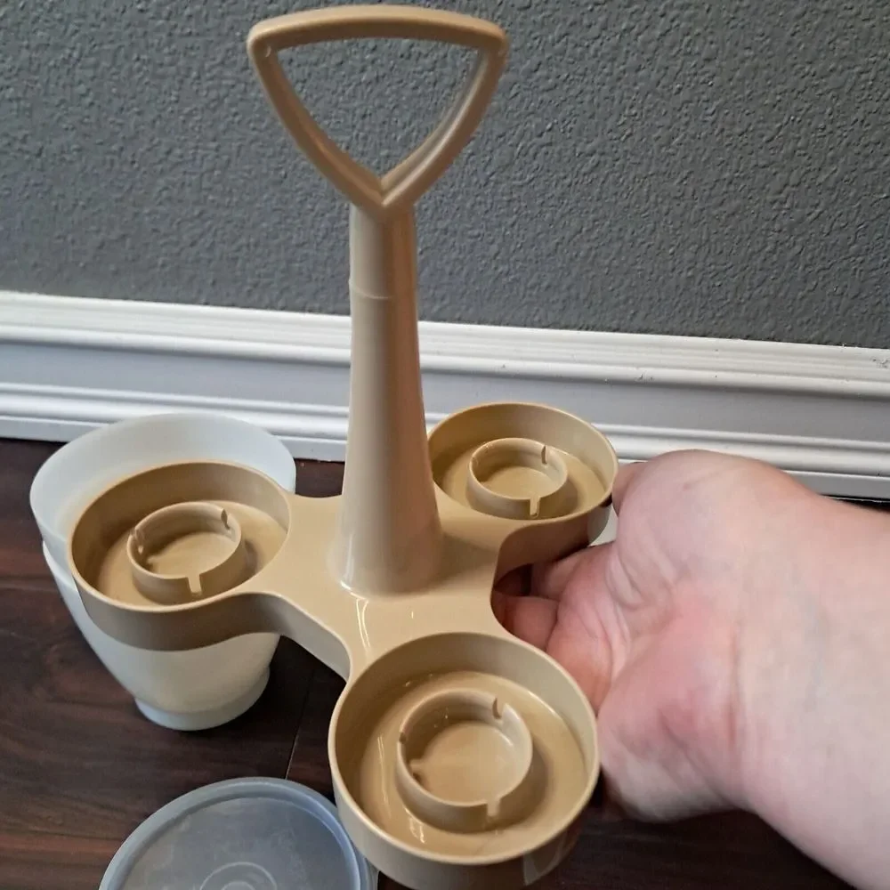 Vintage Tupperware Condiment Caddy‎ #757 Set 4 Cups, 2 Lids - Clear Cups